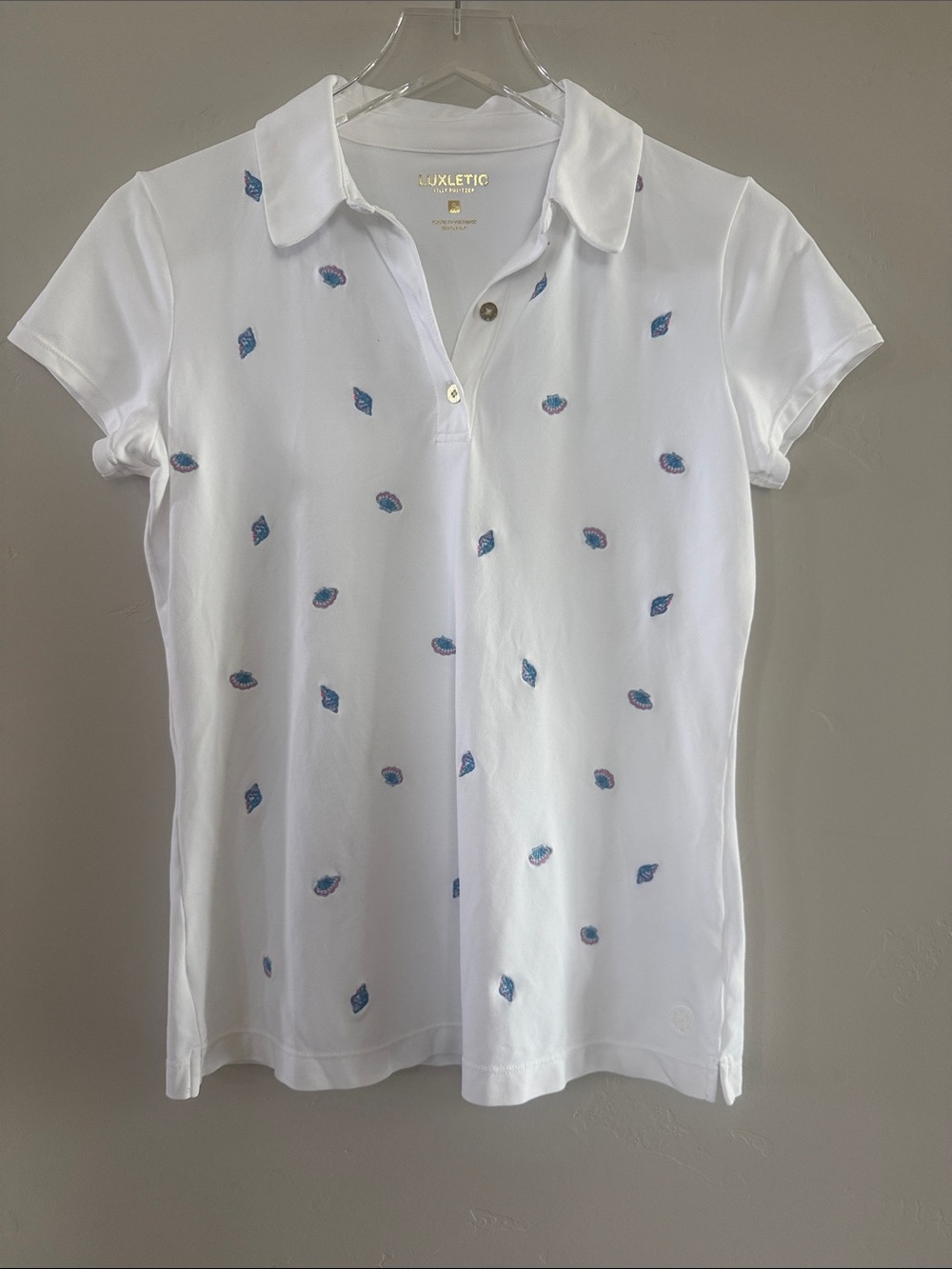Lilly Pulitzer White Polo with Blue Embroidered Motifs